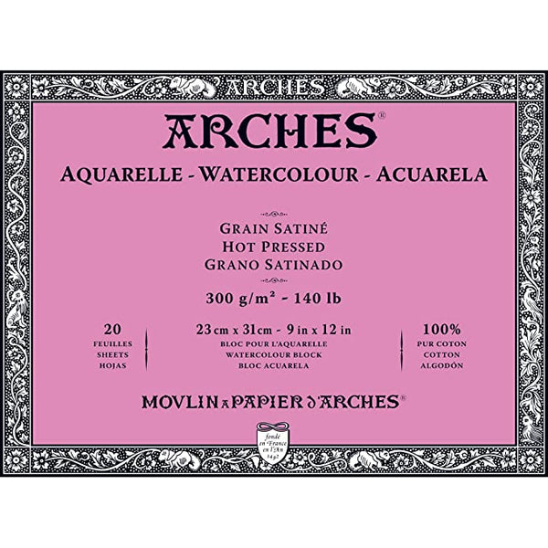 ARCHES Watercolour Hot Pressed Block WHNA 20 Sheet Block GSM 300, Size 23 cm x 31 cm