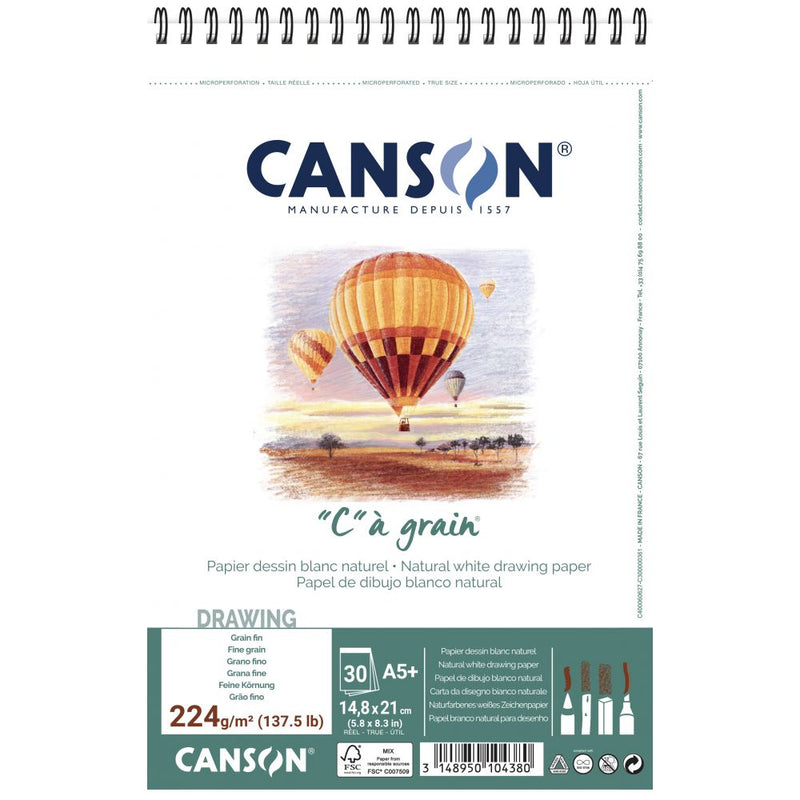 Canson C à Grain Drawing 224 GSM Fine Grain 14.8 x 22.7 cm Paper Spiral Pad(Natural White, 30 Sheets)