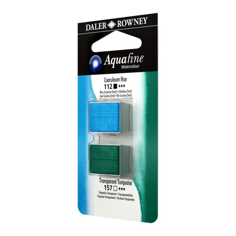 Daler-Rowney Aquafine Watercolour Blister pack (Half Pans, Coeruleum Hue/Transparent Turquoise-013), Pack of 1