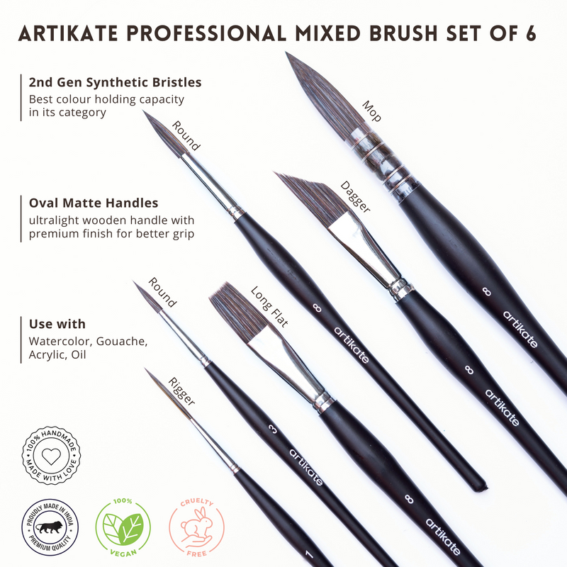 Artikate Professional Mixed Brush Set of 6 Matte Black Edition
