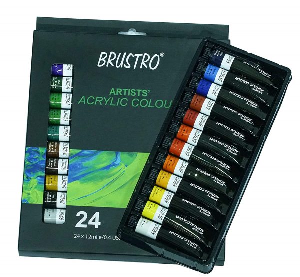 BRUSTRO Artists ’ Acrylic Colour Set of 24 with Gold Taklon Brush Set of 10, Acrylic Paper 400 GSM A4-12 Sheets and an A4 Size Tear Off Paper Palette