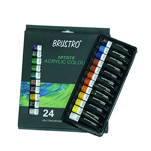 BRUSTRO Artists ’ Acrylic Colour Set of 24 with Gold Taklon Brush Set of 10 and 5 Canvas Boards