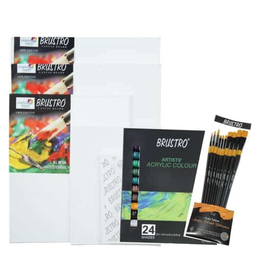 BRUSTRO Artists ’ Acrylic Colour Set of 24 with Gold Taklon Brush Set of 10 and 5 Canvas Boards