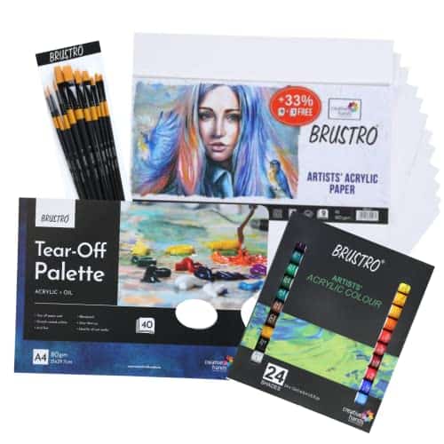 BRUSTRO Artists ’ Acrylic Colour Set of 24 with Gold Taklon Brush Set of 10, Acrylic Paper 400 GSM A4-12 Sheets and an A4 Size Tear Off Paper Palette