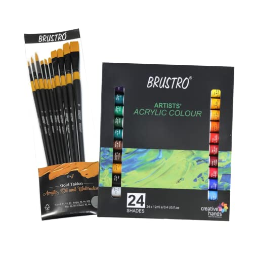 BRUSTRO Acrylic Paint Set of 24, Multicolour 12ml Tubes with Gold Taklon Brush Set of 10