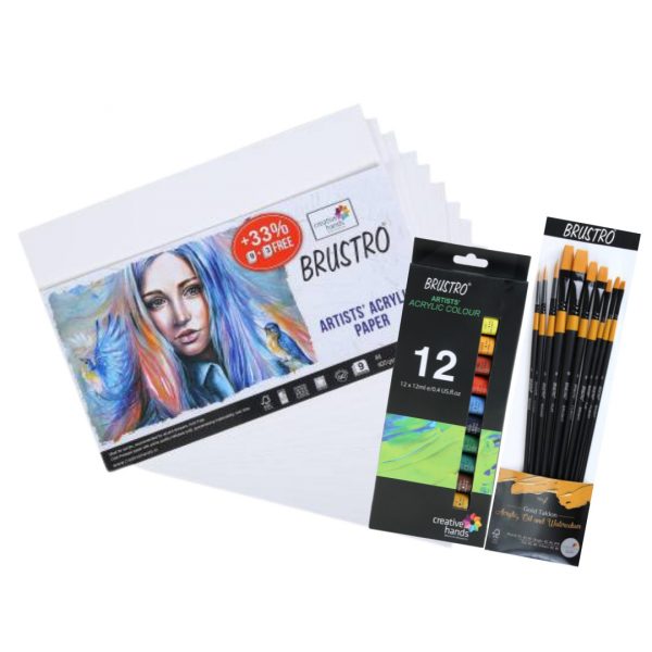 BRUSTRO Artists ’ Acrylic Colour Set of 12 Colours X 12ML Tubes with Gold Taklon Brush Set of 10 and Acrylic Paper 400 GSM A4-12 Sheets.