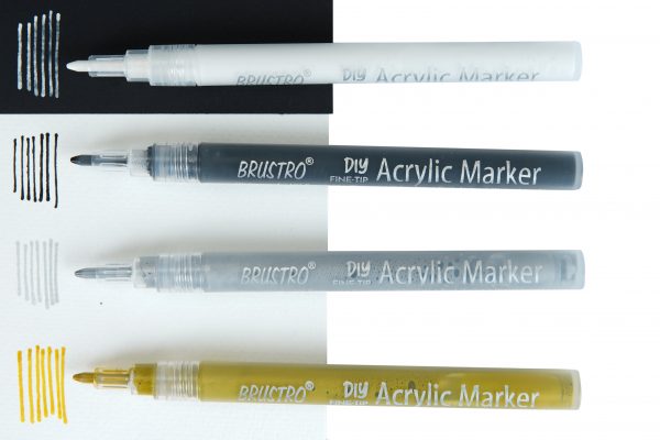 Brustro Acrylic (DIY) Fine Tip Marker Set of 4 – Gold, Silver, Black, White 0.8MM, for Craftworks, School Projects, and Other Presentations