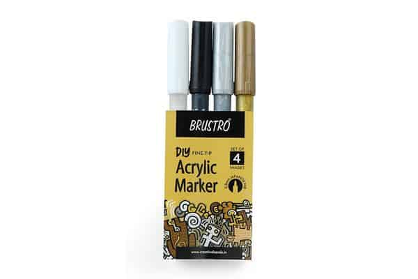 Brustro Acrylic (DIY) Fine Tip Marker Set of 4 – Gold, Silver, Black, White 0.8MM, for Craftworks, School Projects, and Other Presentations