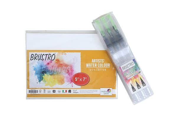 Brustro Aqua Squeeze Leak Proof Brush Pen, 3 Pieces with Watercolor Paper, 9 Sheets, CP 200 GSM, 5 x 7 inch