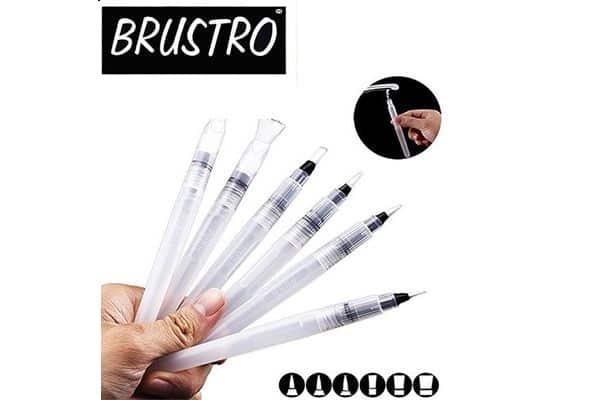 Brustro Aqua Squeeze Leak Proof Watercolor Brush Pen Assorted Set of 6 (3 of Each Flat & Round )