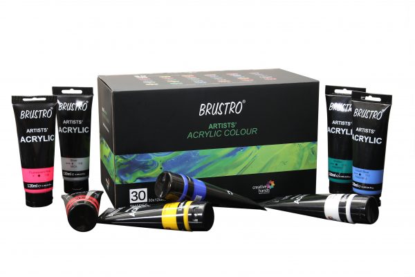 Brustro Artists ’ Acrylic 120ml, Pack of 5 Primary Shades (Titanium White, Cad Yellow, Ultramarine, Cadmium Red & Ivory Black)