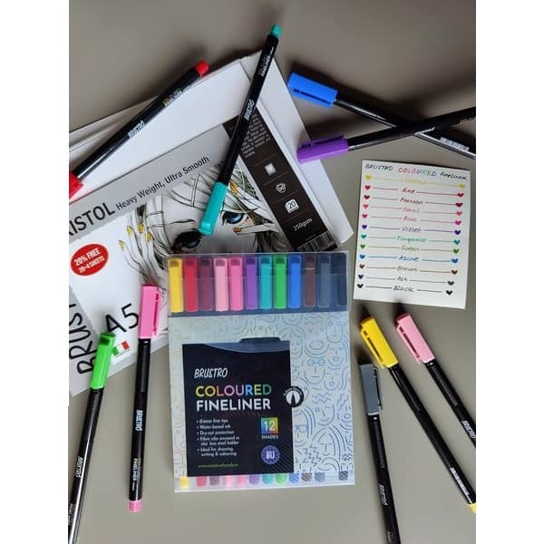 Brustro 0.4mm Coloured Fineliner Set of 12 for Writing, Drawing, Doodles, Mandala and more with Free Bristol Ultra Smooth Paper A5 Pack 24 Sheets Worth Rs 198