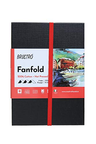 Brustro Artists Fanfold Watercolour Book 100% Cotton Mouldmade 300 GSM Hot Pressed 10.5x15cm.(9 Folds/18 Sides)