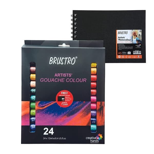 Brustro Artists Gouache Colour Set of 24 Colours X 12ML Tubes. Free artist journal A5 worth Rs. 399