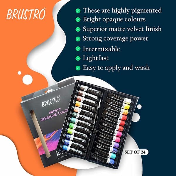 Brustro Artists Gouache Colour Set of 24 Colours X 12ML Tubes. Free artist journal A5 worth Rs. 399