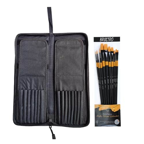 BRUSTRO Artists Gold Taklon Brushes for Oil Acrylics, and Watercolor. Set of 10 with Brush Zip case