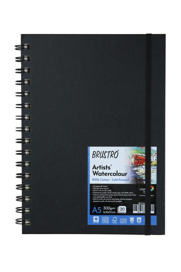 BRUSTRO Artist 100% Cotton Watercolour Wiro Bound Journal Cold Pressed 300 GSM, A5 – (20 Sheets)