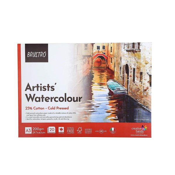 BRUSTRO Artist 25% Cotton Watercolour Glued Pad Cold Pressed 200 GSM A3-20 Sheets