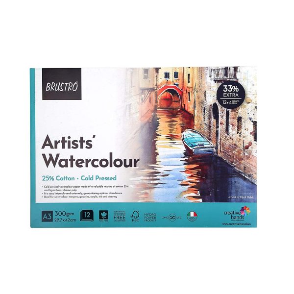 BRUSTRO 25% Cotton Watercolour Paper 300 GSM A3 Glued Pad 12 + 4 Free Sheets
