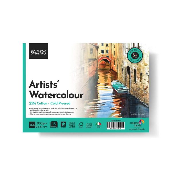 BRUSTRO Artist Watercolour Pad Cold Pressed 300 GSM 25% Cotton A4 – (12 + 4 Free Sheets)