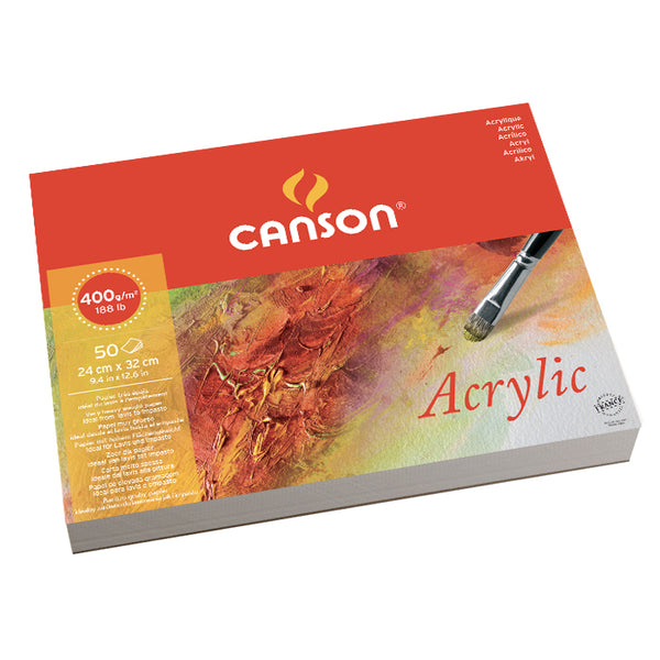 Canson Acrylic 24x32cm Natural White 400 GSM Painting Paper, Long Side Glued (Pad of 50 Sheets)
