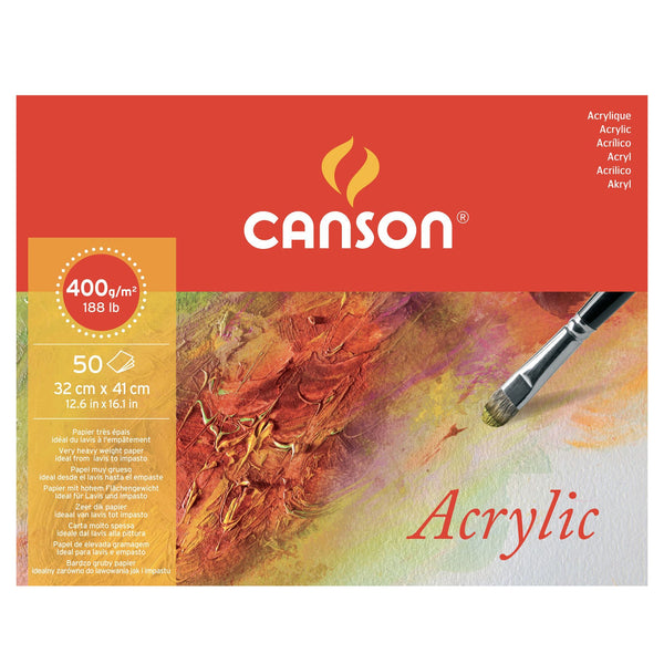 Canson Acrylic 32x41cm Natural White 400 GSM Painting Paper, Long Side Glued (Pad of 50 Sheets)