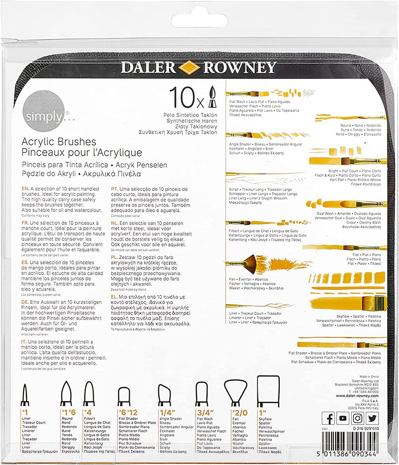 Daler-Rowney Simply Short Handle Acrylic Brush Set with Zip Case (10 Brushes)