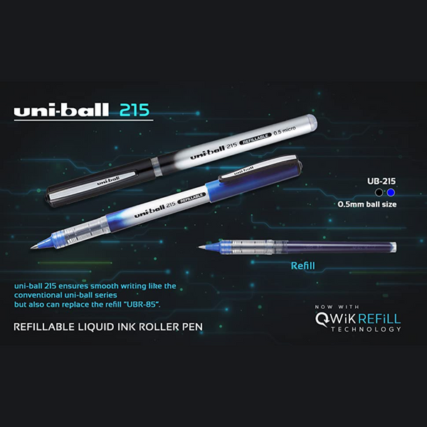 Uniball UB-215 Micro Roller Fine Point Pen (0.5mm, Blue & Black Ink, Pack of 2)