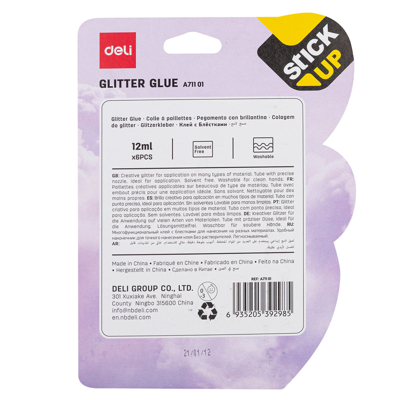 DELI WA71101 Glitter Glue 12ml (Pack of 6, Assorted)