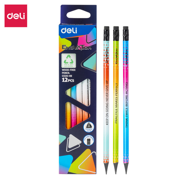 DELI WC020 HB Wood Free Pencil Triangular Pack of 12 HB Pencils