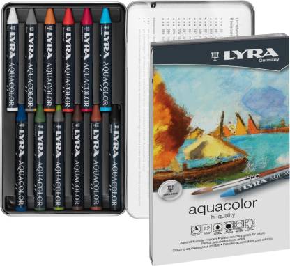 Lyra Aquacolor Watercolour Wax Pastel Crayon Set with Metal Case (Assorted, Pack of 12)
