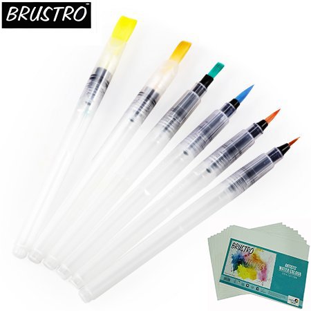 Brustro Aqua Squeeze Leak Proof Watercolor Brush Pen Assorted Set of 6 (3 of Each Flat & Round )