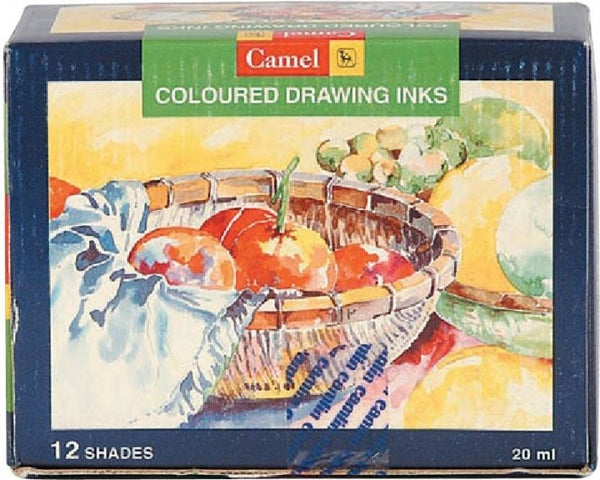 Camlin Pack of 12 Coloured Drawing Inks in 20 ml Bottles