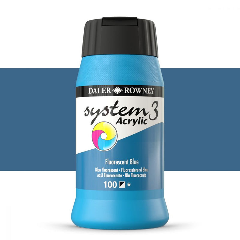 Daler-Rowney System3 Acrylic Colour Paint Plastic Pot (500ml, Fluorescent Blue-100) Pack of 1