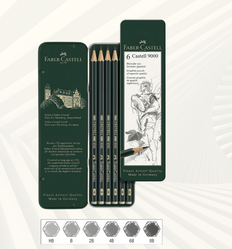Faber-Castell Tin of 6 Pencils - HB, B, 2B, 4B, 6B, 8B