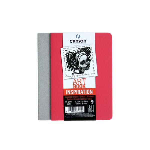 Canson Inspiration 96 GSM Light Grain 10.5x14.8cm; A6 Hardbound Books (Pack of 2, Bright Red & Steel Grey, 24 Sheets)