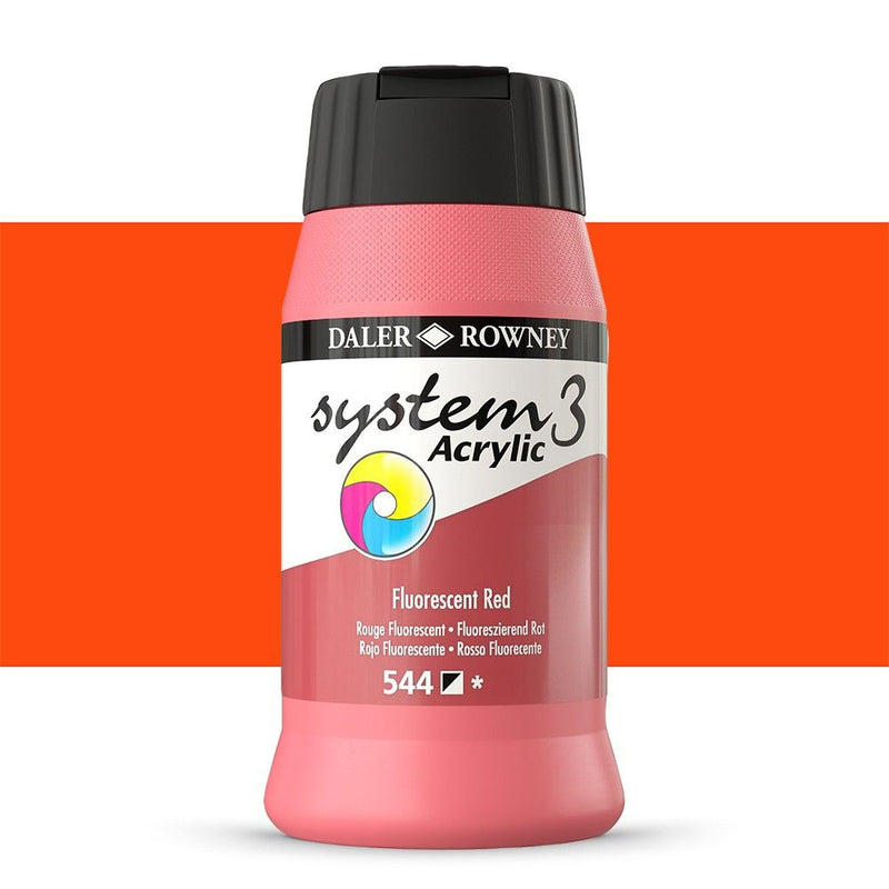 Daler-Rowney System3 Acrylic Colour Paint Plastic Pot (500ml, Fluorescent Red-544) Pack of 1