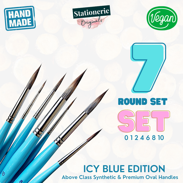 Stationerie Signature Synthetic Handmade Round Set Of 7 Icy Blue Edition (Premium Oval Grip & Above Class Synthetic)