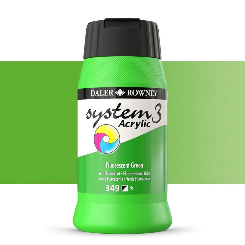 Daler-Rowney System3 Acrylic Colour Paint Plastic Pot (500ml, Fluorescent Green-349) Pack of 1