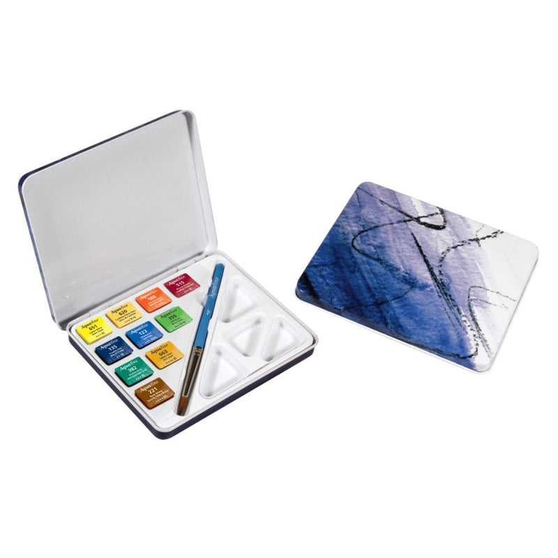 Daler-Rowney Aquafine Watercolour Mini Travel Tin with 1 Brush & 1 Palette(10 Half Pans)