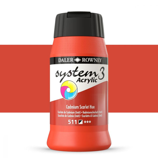 Daler-Rowney System3 Acrylic Colour Paint Plastic Pot (500ml, Cadmium Scarlet Hue-511) Pack of 1