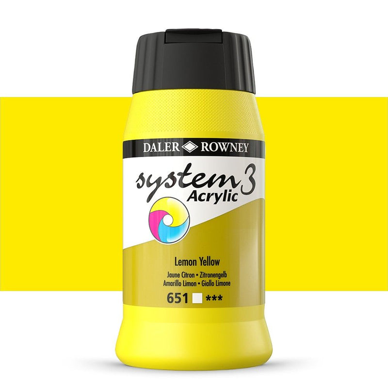 Daler-Rowney System3 Acrylic Colour Paint Plastic Pot (500ml, Lemon Yellow-651) Pack of 1