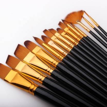 Bomeijia Painting Brushes Set of 12 Professional Round Pointed Tip Nylon Hair Artist Acrylic Paint Brush for Acrylic/Watercolor/Oil Painting (Black, Golden)