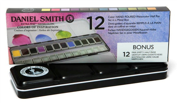 DANIEL SMITH 12 Colors of Inspiration Hand Poured Watercolor Half Pan Set in a Metal Box