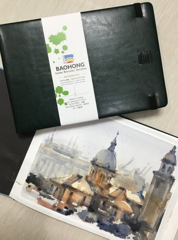 BAOHONG Watercolor Sketchbook 4.7 x 6.2 inch (12 cm x 16 cm) HARDCOVER Academy grade Watercolour Sketchbook Urban Sketching - 300 gsm Cold pressed, 24 sheets, 100% Cotton ACID-FREE