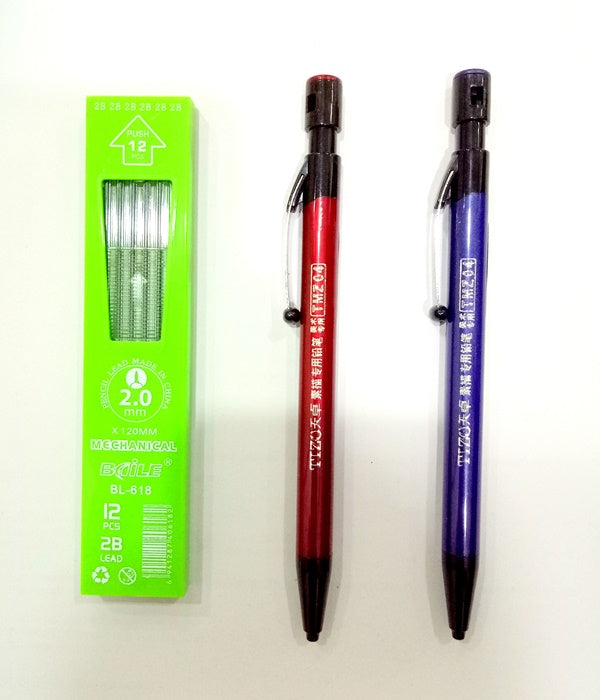 Asint Mechanical 2mm Clutch Pencil Lead Set Of 2 + Black Pencils Leads Box 2.0 mm 12 PCS