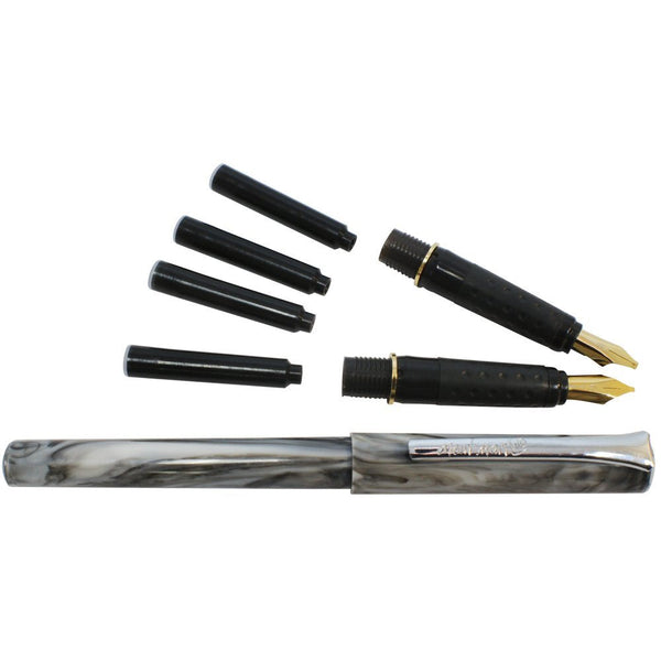 Asint 2 Nib Calligraphy Set, 8 Piece. Includes 1 Calligraphy Pen, 2 Calligraphy Nibs, 4 Black Ink Cartridges and an Instruction Booklet with Practice Sheets.