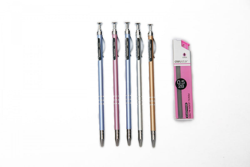 ASINT Mini Mechanical Pencil - 0.5 mm set of 4 - Silver, Pink,Yellow,Blue With Pencils lead 0.5mm one box &amp; Clutch Eraser pen (OZ-505)