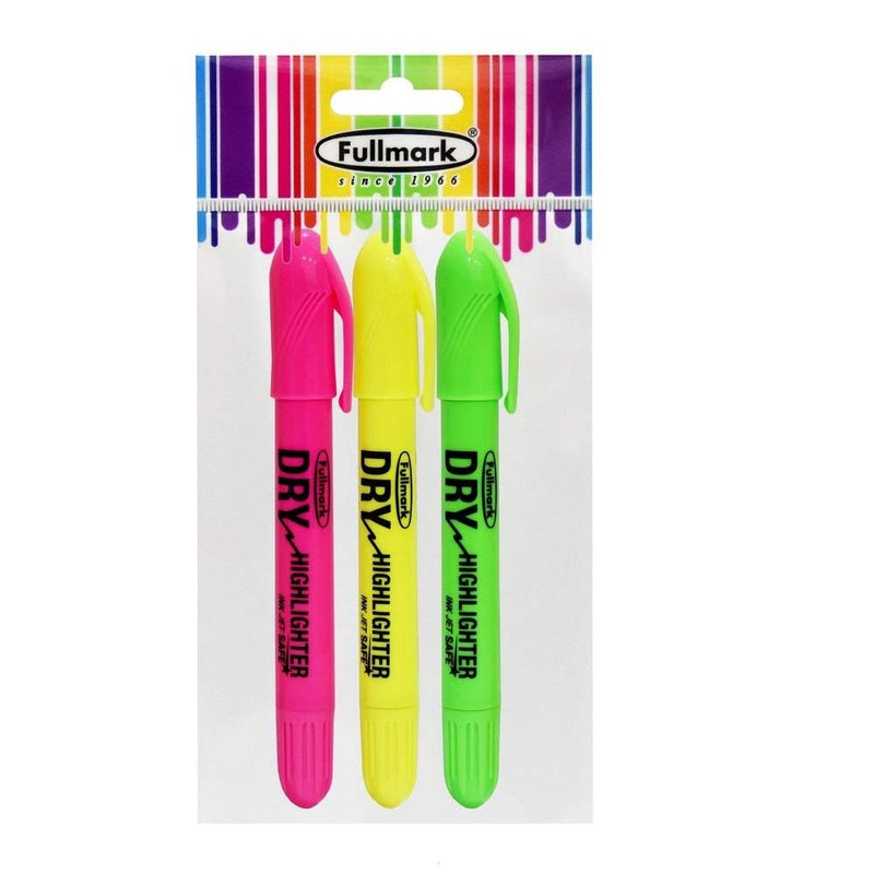Fullmark Twist and Glide Bible Dry Highlighter, Non-Bleed, Inkjet Safe, Neon Assorted Colors, Yellow, Green, Pink, 3-Count kit
