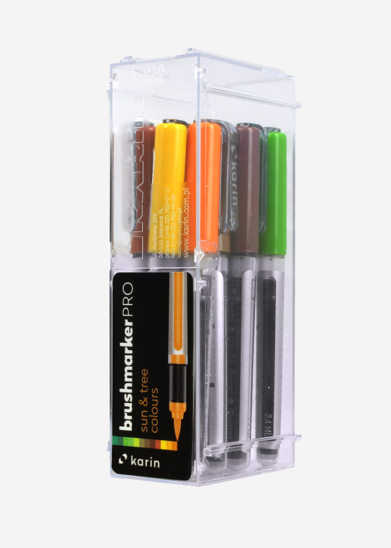 Karin Brushmarker PRO 12 Sun and Tree colors Set Transparent body with Ink-Free system, 2, 4 ml liquid color. No felt-tip marker